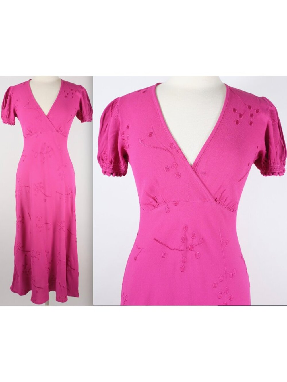 New GHOST London long poet dress sz M magenta pink short sleeves